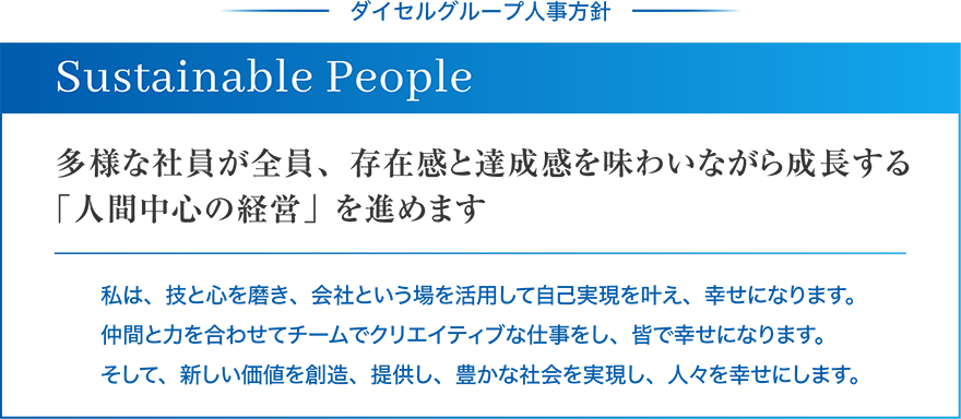 ダイセルグループ人事方針 Sustainable People 多様な社員が全員、存在感と達成感を味わいながら成長する「人間中心の経営」を進めます 私は、技と心を磨き、会社という場を活用して自己実現を叶え、幸せになります。仲間と力を合わせてチームでクリエイティブな仕事をし、皆で幸せになります。そして、新しい価値を創造、提供し、豊かな社会を実現し、人々を幸せにします。