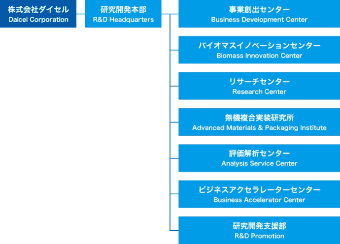 組織図。左に「株式会社ダイセル Daicel Corporation」、その右に「研究開発本部 R&D Headquarters」。さらに右側に7つの部門が縦に並ぶ：事業創出センター（Business Development Center）,バイオマスイノベーションセンター（Biomass Innovation Center）,リサーチセンター（Research Center）,無機複合実装研究所（Advanced Materials & Packaging Institute）,評価解析センター（Analysis Service Center）,ビジネスアクセラレーターセンター（Business Accelerator Center）,研究開発支援部（R&D Promotion）